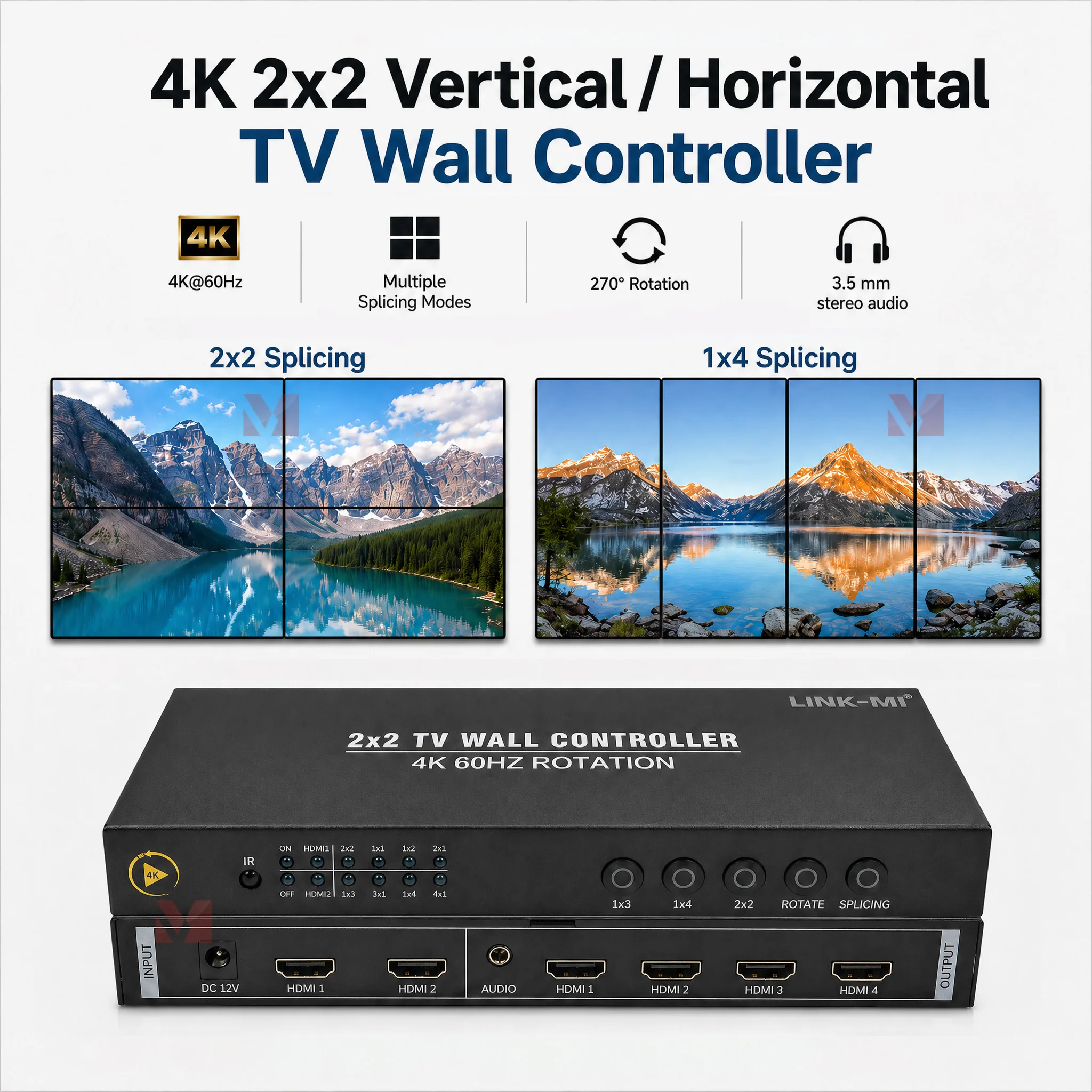 

4K HDMI Video Wall Processor with 4-Output Splicing 0°/90°/180°/270° Rotation Bezel Compensation for Digital Signage