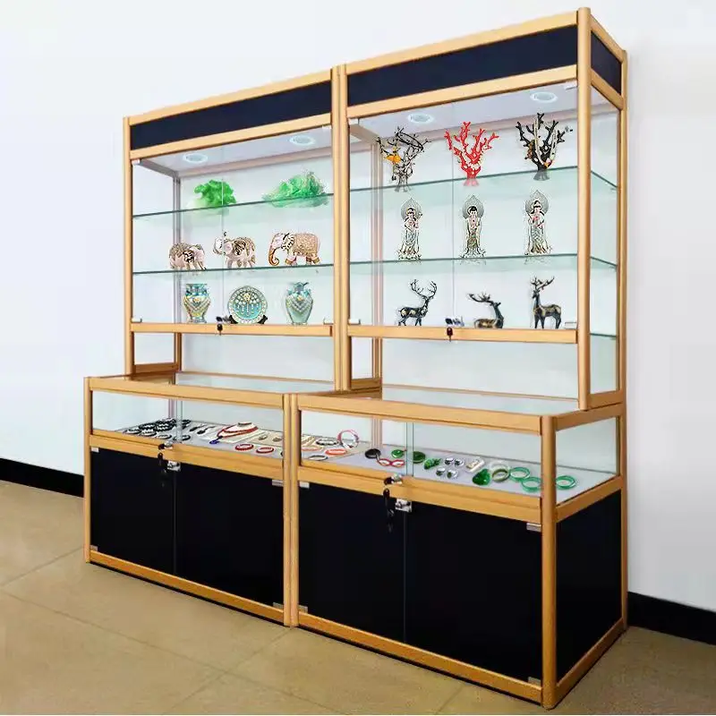 

2025customized.L-shaped golden frame aluminum glass cosmetic jewelry handmade toys display counter standing floor full vison sh