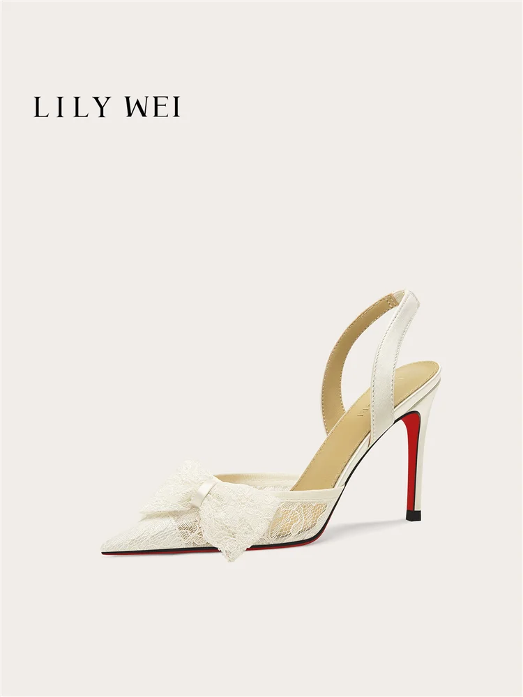 

Summer new pointed-toe lace mesh bowknot small size wedding shoes banquet large size widened version high-heeled women's sandals