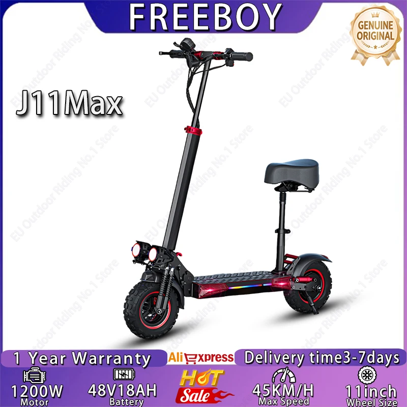 Trottinette électrique FREEBOY J11 Max, moteur puissant 1200W, batterie lithium 48V 18AH, vitesse maximale 45 km/h avec siège, planche à roulettes électrique, pneus tout-terrain 11 pouces, trottinette électrique pour trajets urbains