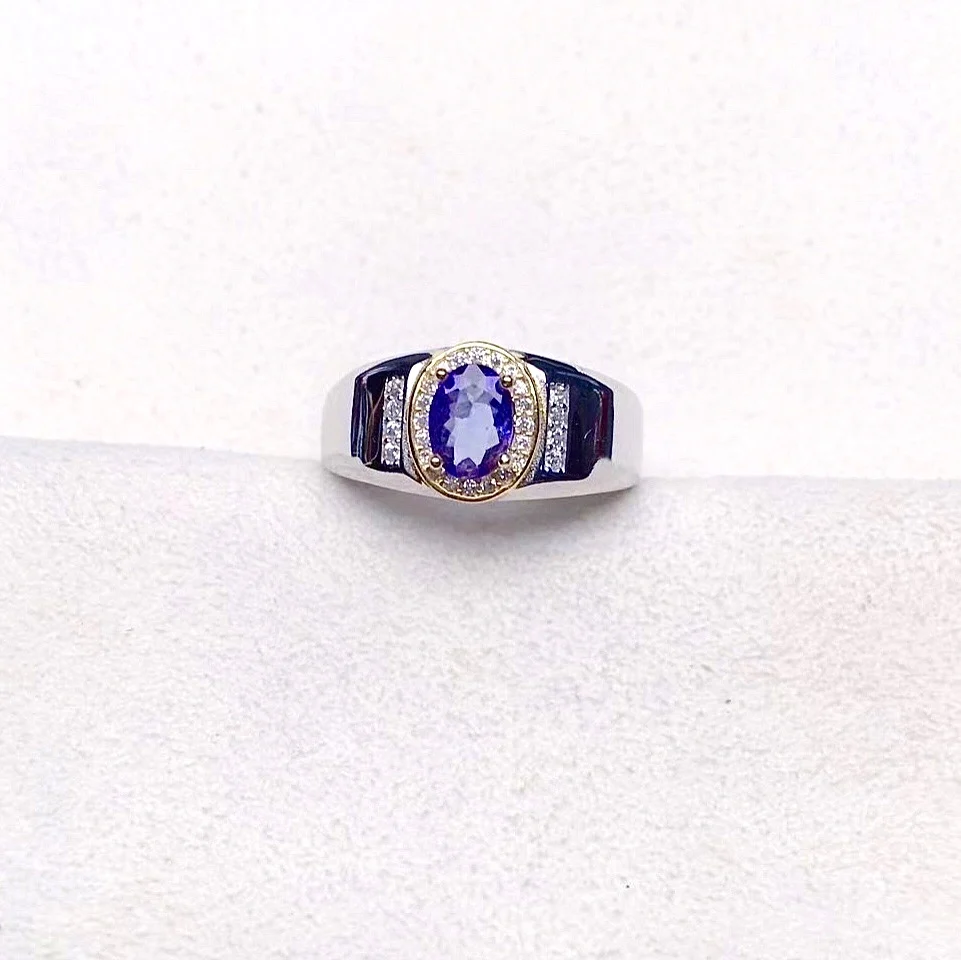 Fashion 925 Silver Man Ring for Party 0.7ct 5mm*7mm VVS Grade Natural Tanzanite Ring for Man Real Silver Tanzaite Jewelry