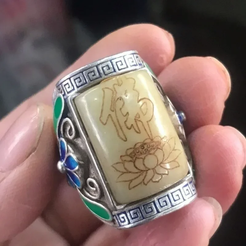 Vintage Patina Hetian Jade Inlaid Ring, Lotus Buddha Design, Lucky Transfer Amulet Jewelry Gift
