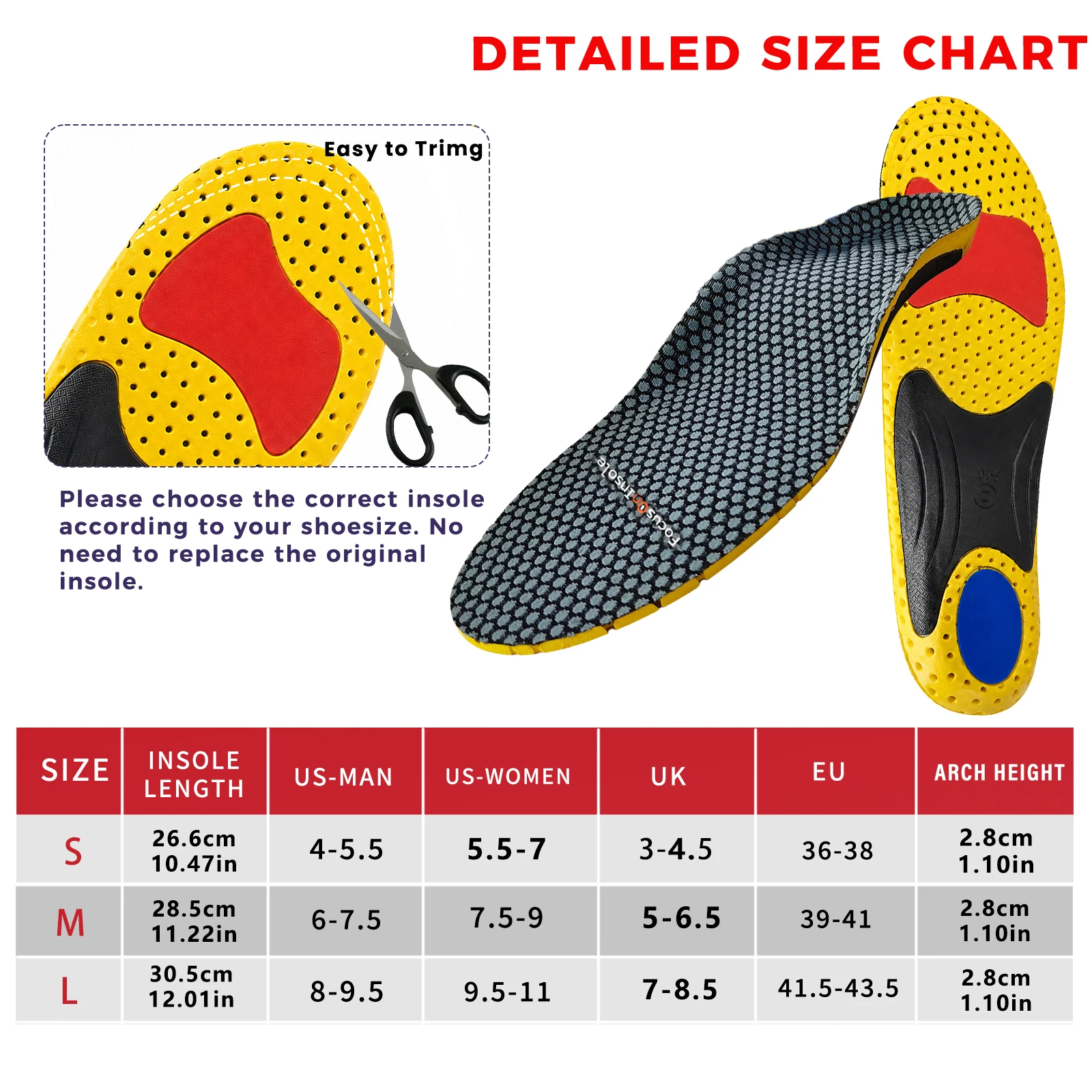 Memory Foam Sport Insoles Shock-Absorbing Breathable Running Shoe Inserts with Arch Support, Cushioning Gel for Heel Pain Relief