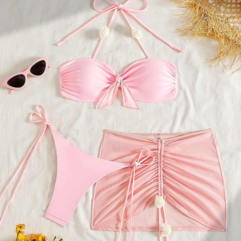 3 Pcs Swimsuit with Skirt Bikini Halter Swimsuit Brazilian Bikini Set Swimwear for Women Sexy Bathing Suits Summer Female