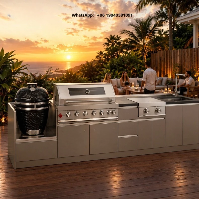 Luxury Modern 304 Stainless Steel Powder Coated Outdoor Kitchen Cabinet Complete Set with Gas BBQ Grill