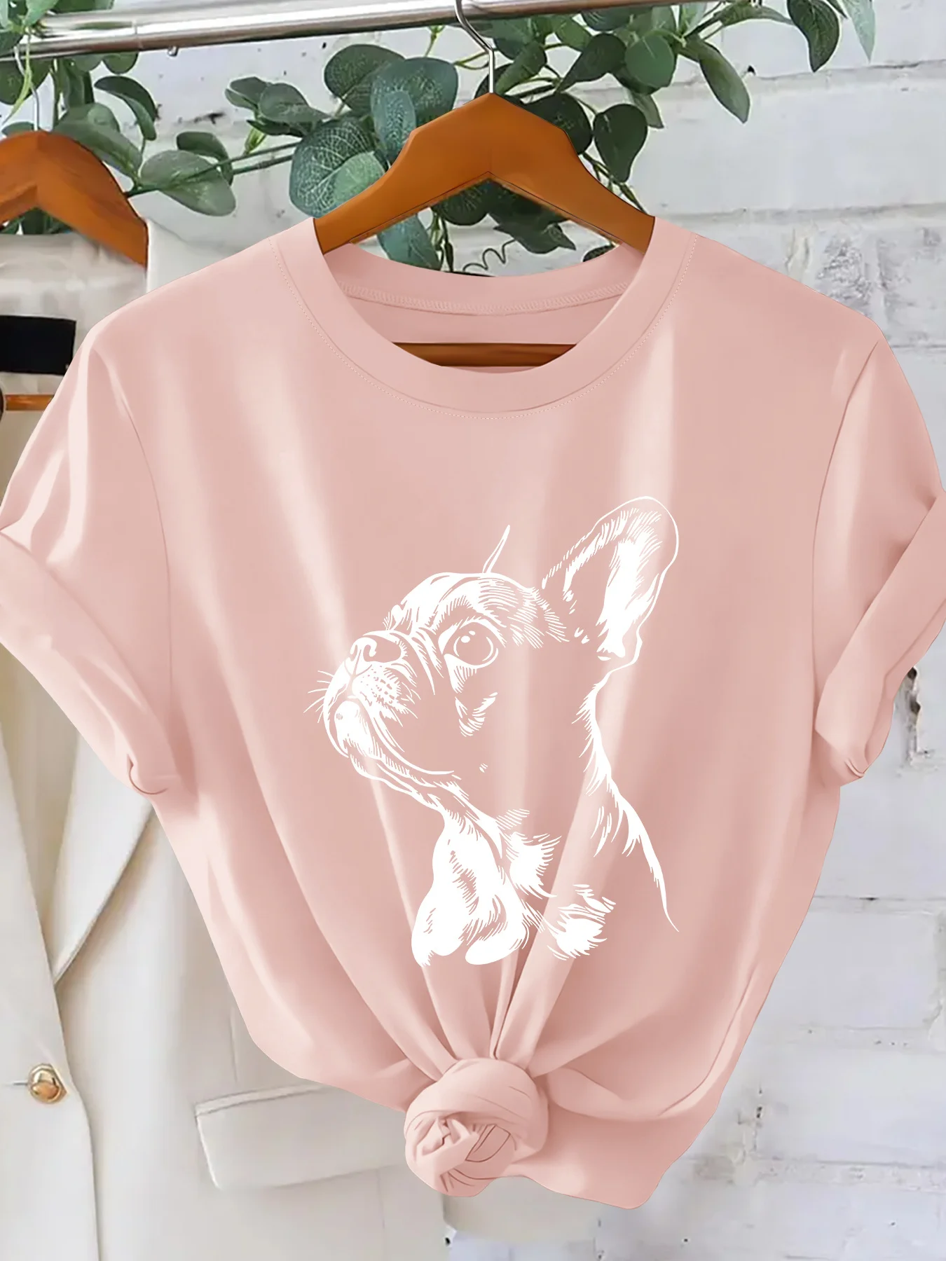 French Fighting Dog White Drawing Minimally Printed Women's T-shirt Summer Elegant Party Women's Vacation Travel Sports Top