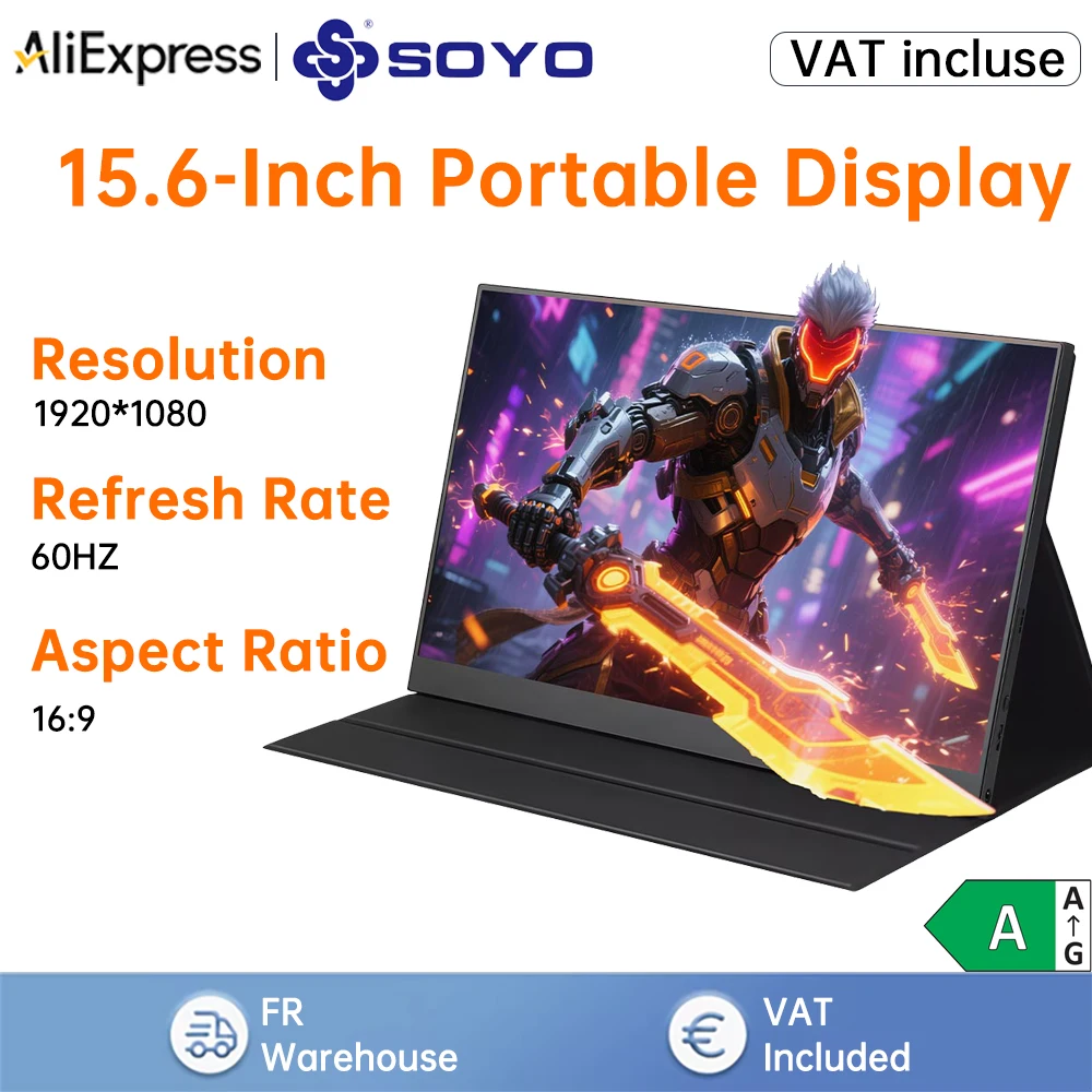 Moniteur portable SOYO SY15FN60 15,6'' FHD 1080P ultra-fin avec étui, écran IPS pour téléphone, Xbox, PS5 - USB-C et HDMI