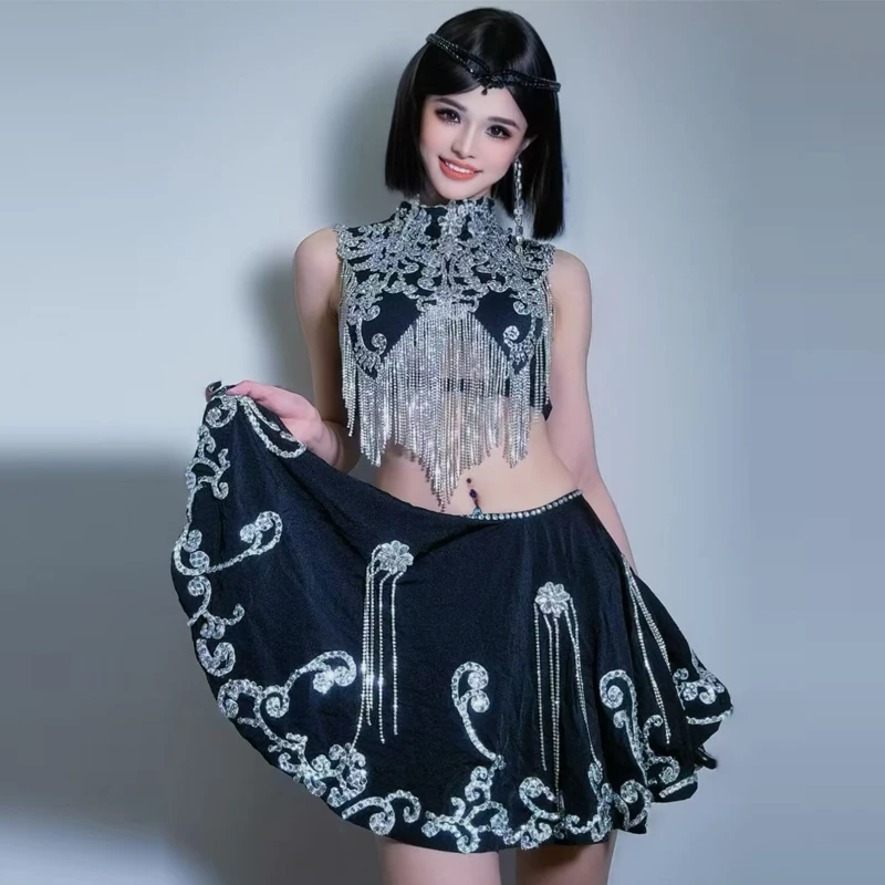 Strass completo jazz dança traje feminino grupo desempenho outfit bar boate dj ds palco festival saia superior rave wear xs9863