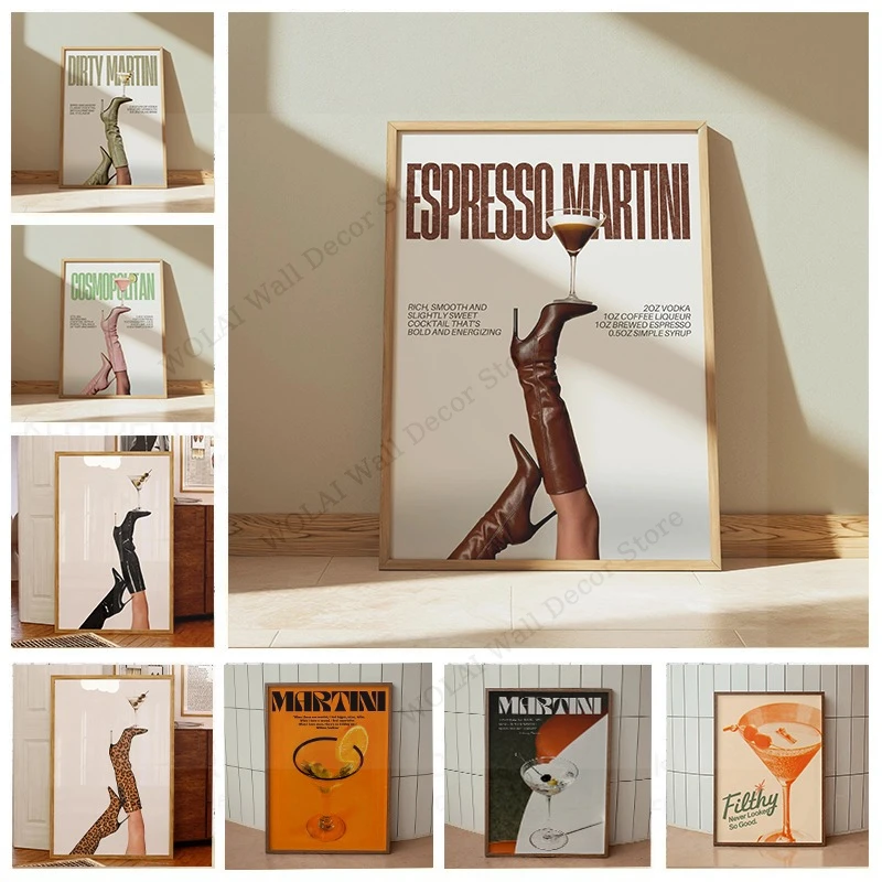Retro espresso martini impressão em tela galotail botas copo de vinho comida e bebidas arte da parede cartaz para sala estar decoração casa
