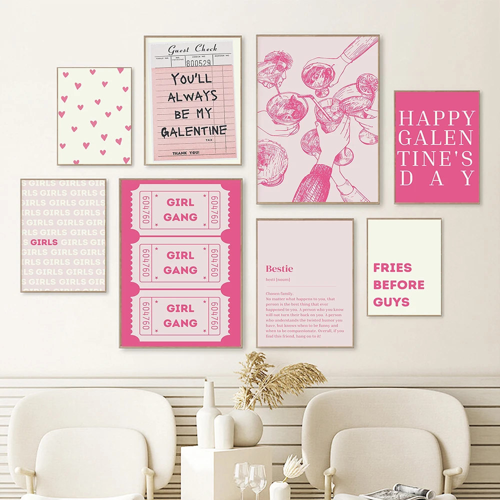 Galentines Day Decor Set Prints Best Friends Galentines Party Decor Cute Pink Bresties Canvas Painting Trendy Art Murals Decor