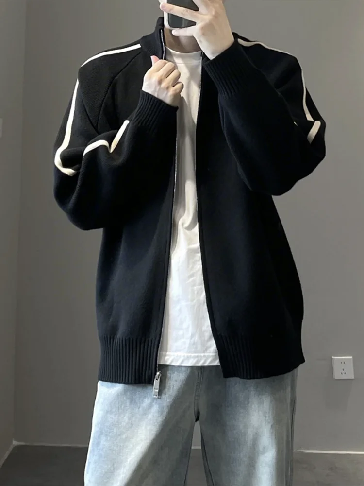 

Bla Knitted Cardigan Sweater Men's Autumn High-End Double Zipper Design Striped Patchwork Top Faionable And Haome