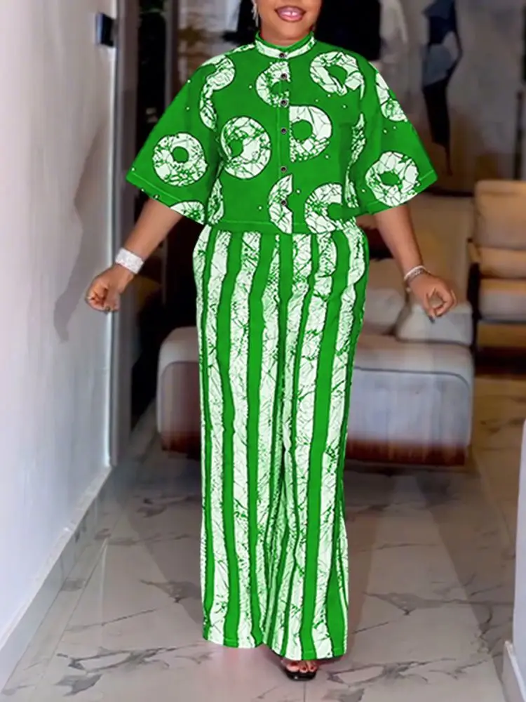 فوندا حجم كبير بانت مجموعات النساء البوهيمي 2 قطعة وتتسابق الخريف 3/4 كم قمصان الموضة بنطال ذو قصة أرجل واسعة طباعة خمر 2 قطعة 5XL #4