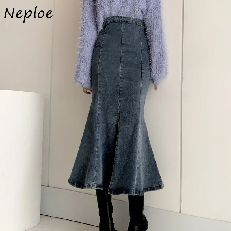 

High Waist Pleated Ruffled Blue Denim Skirts Women Slim Hip Mermaid Skirt Woman Chic Jean Faldas Femme Autumn Winter 2024