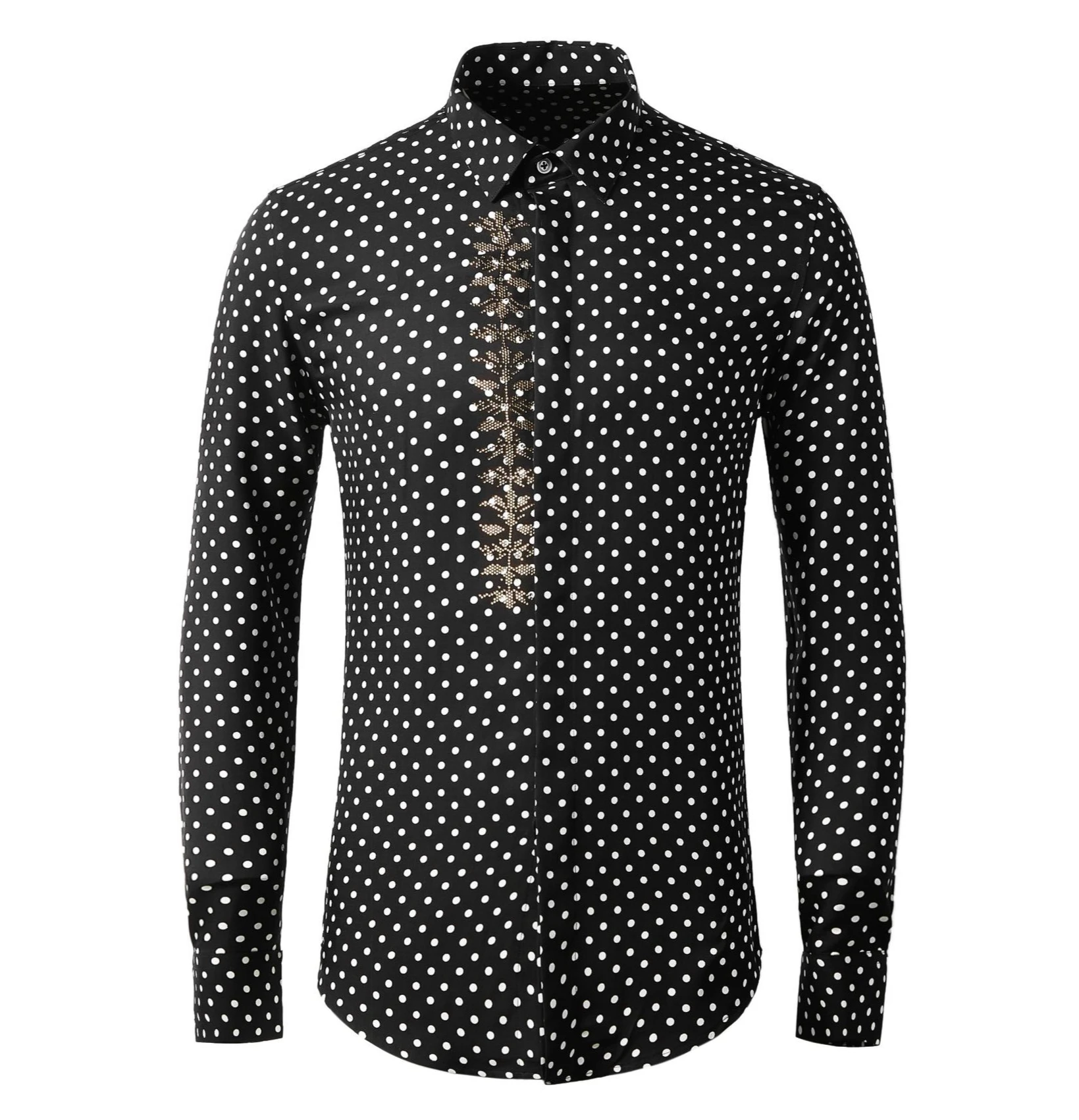 

2025 New Polka Dot Rhinestone Shirt Men Cotton Long Sleeve Casual Shirts Slim Fit Luxury Social Banquet Party Business Shirt