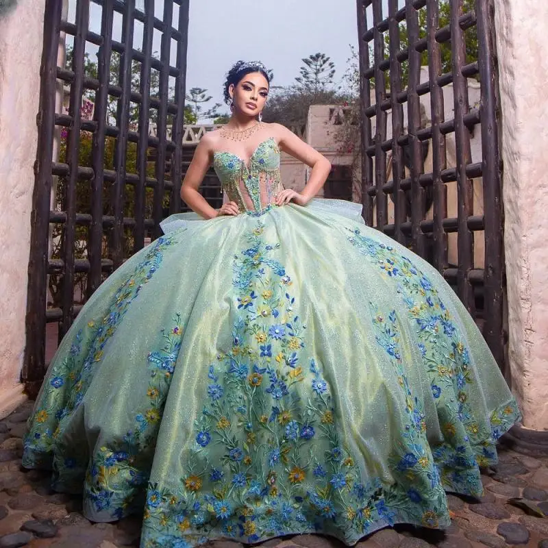 

Mexican Mint Green Quinceanera Dress Ball Gown 3D Floral Applique Beaded Corset Sweet 16 Vestidos De 15 Años