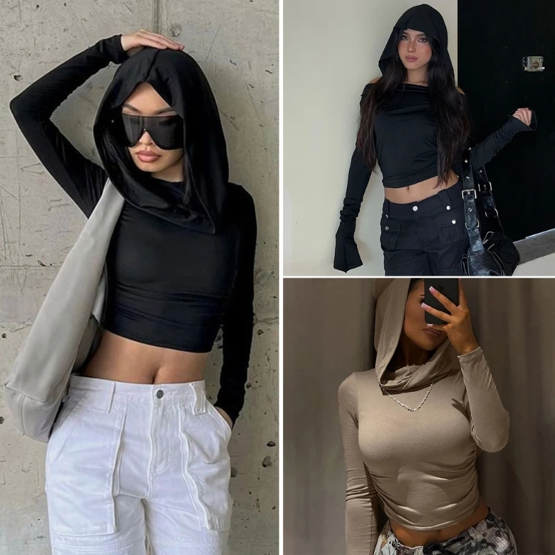 Fashion Bare Shoulder Hooded Long Sleeve Crop Top Women Rucched Basic T-Shirt Drop shipping