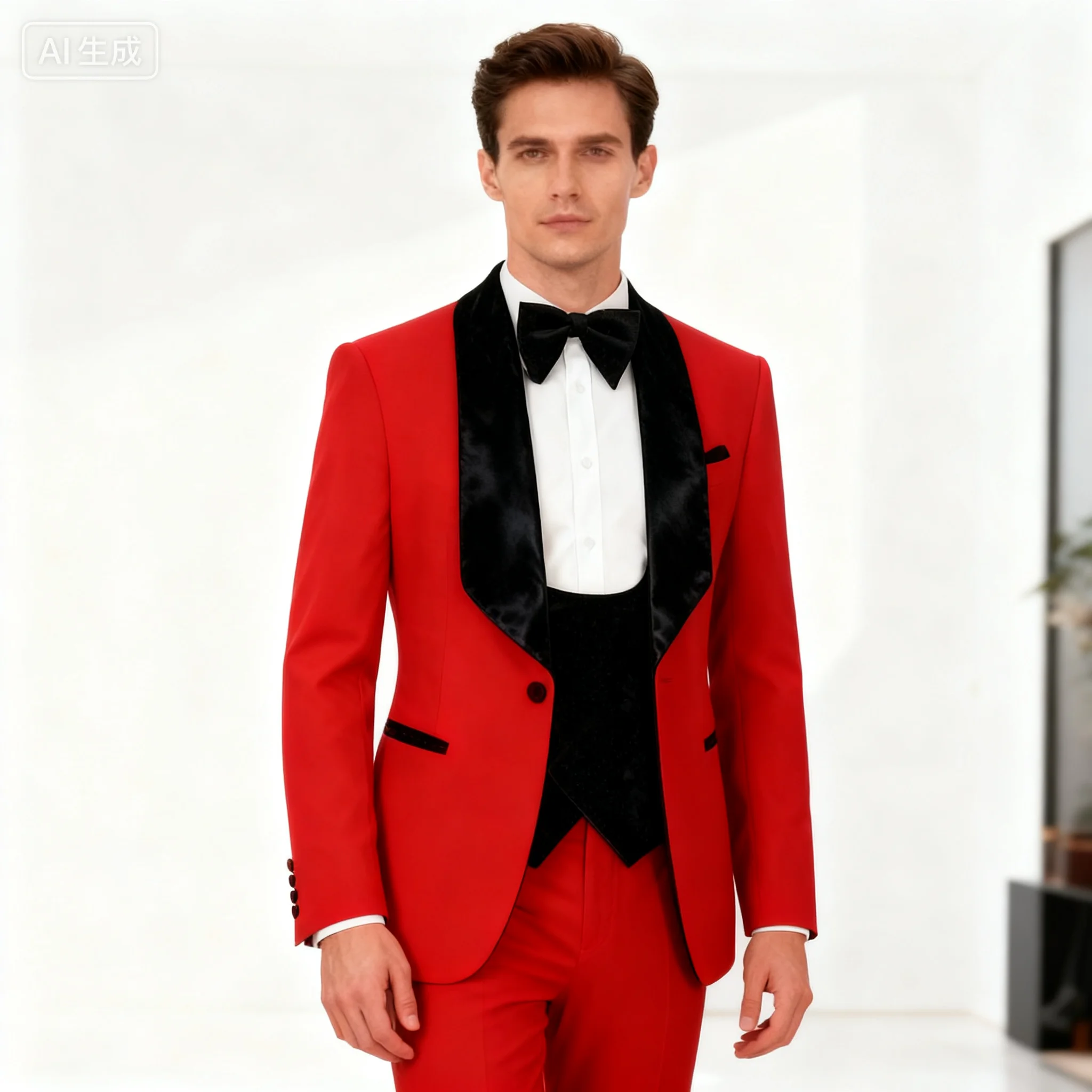 

Men's Slim Fit Tuxedo Shiny Velvet Shawl Collar 3 Piece Suit Party Jacket Vest Pants & Bow Tie Set