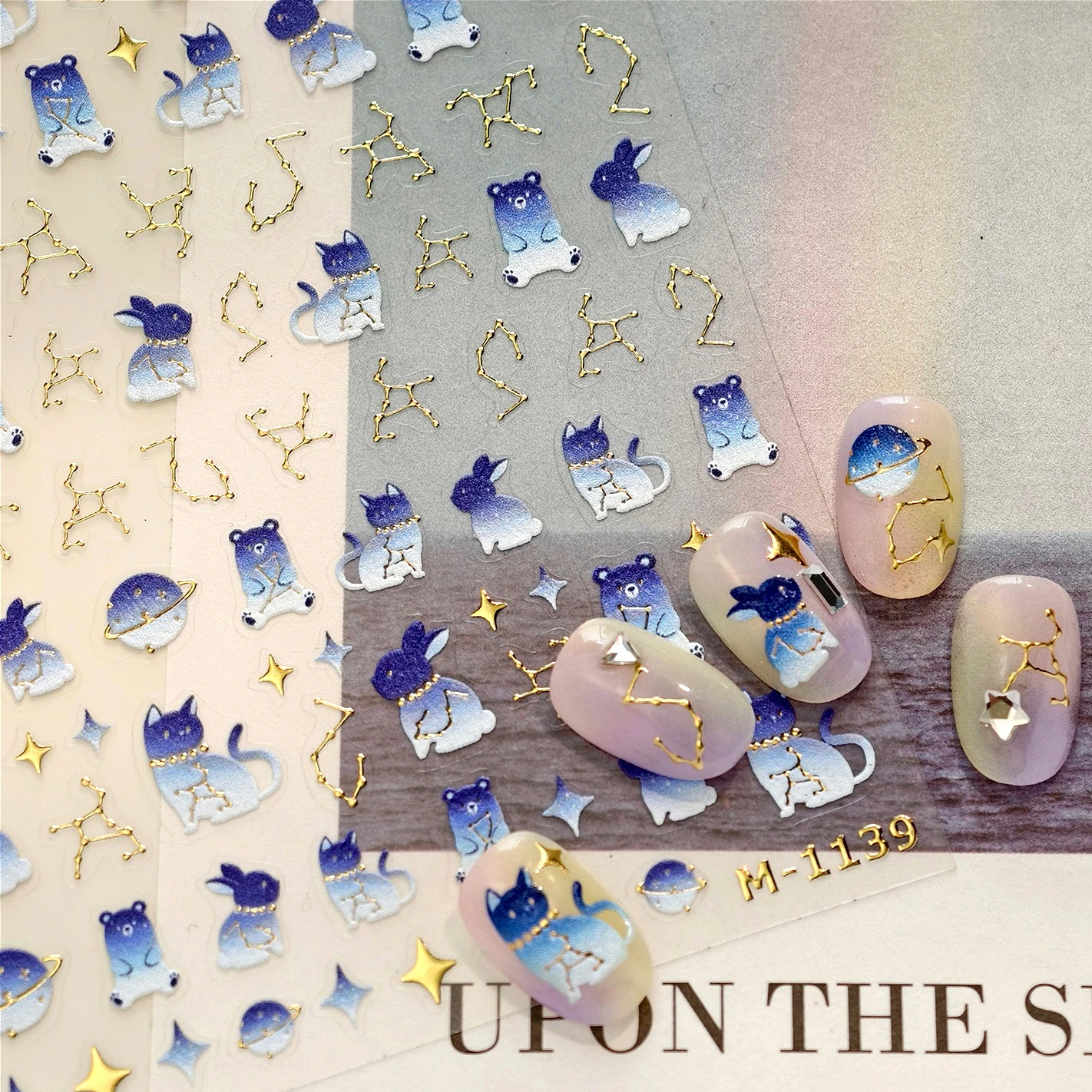 

Blue White Gradient Cute Rabbit Cat Bear Gold Stamped Constellations Totems Self Adhesive Nail Art Sticker Lovely Manicure Decal