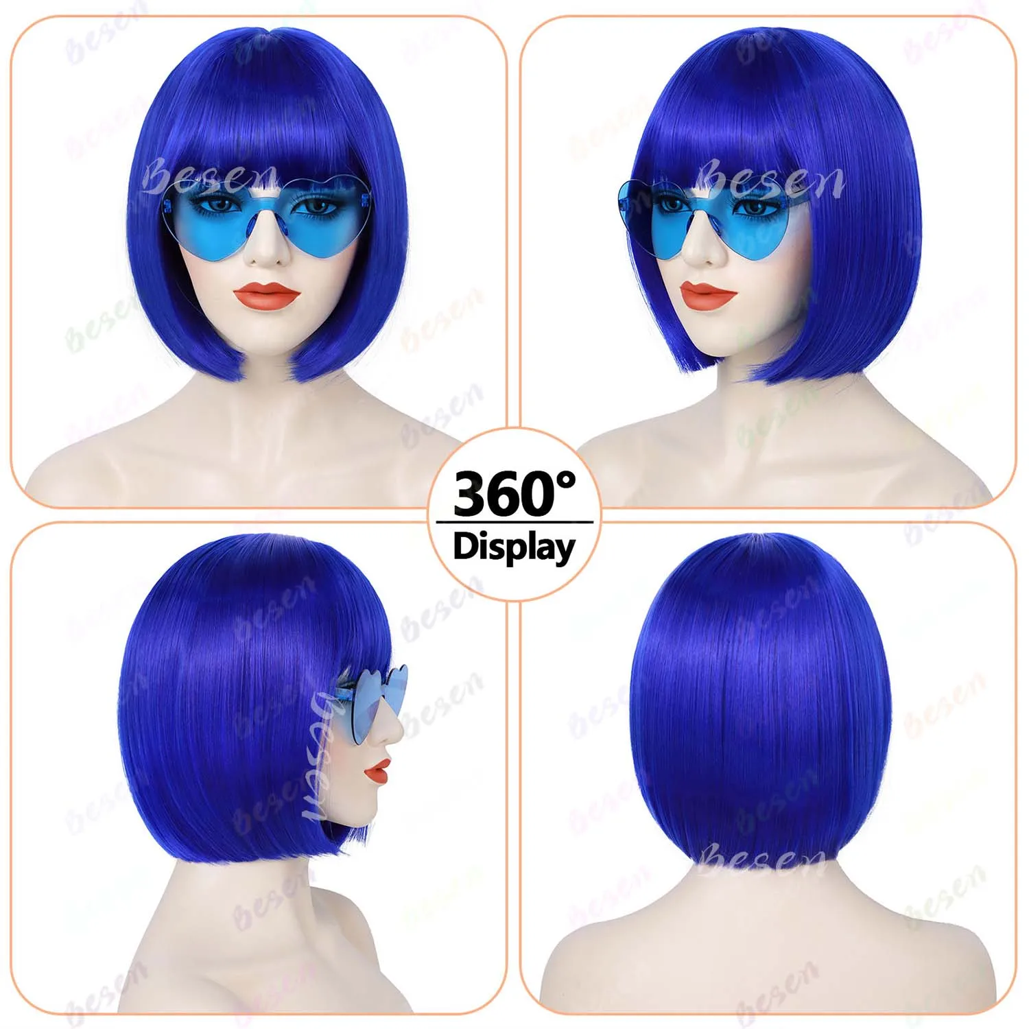 Synthetic Blue Bob Wig+Sunglasses for Women Short Straight Bob Wig with Bangs, 12 Inch Colorful Funny Wig for Party Cosplay Use