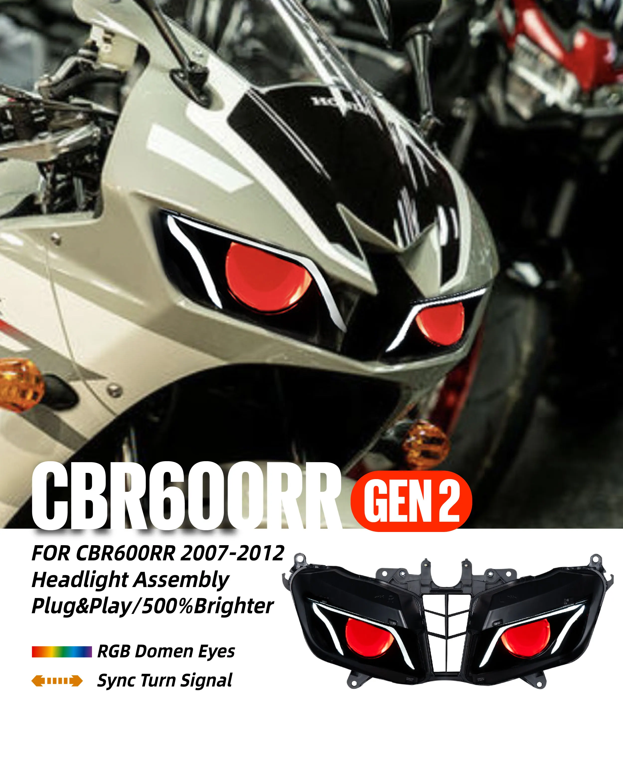 KT Full LED Headlight for Honda CBR600RR 2007-2012 V3 Custom Modified Headlamp RGB Multi-color Change Demon Eyes