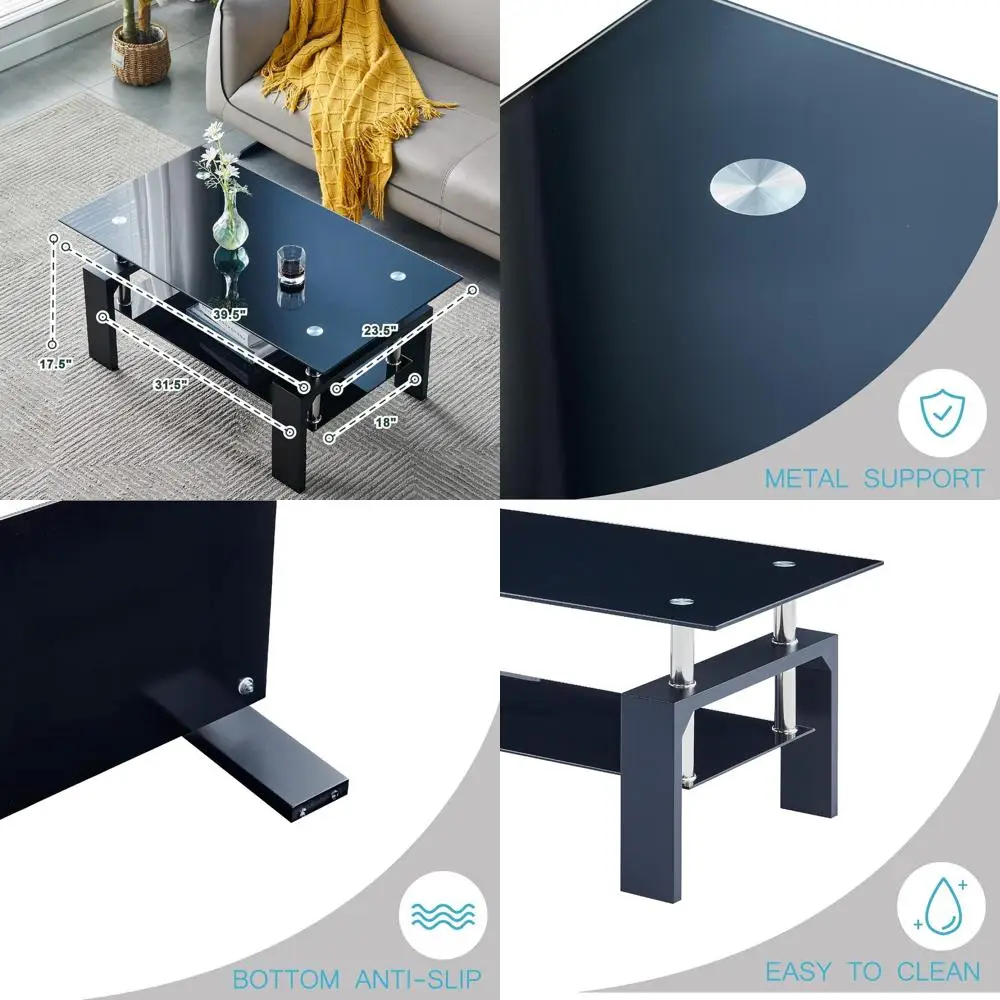 

Modern Rectangular Coffee Table with Glass Top and Wooden Legs for Living Room or Waiting Area, Black, 39.5 x 23.5 x 17.5