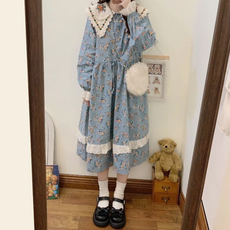 Vintage Loose Sweet Mori Girl Style Floral Printed Dress for Women Autumn Winter Kawaii Embroidery Lace Doll Collar Long Dresses