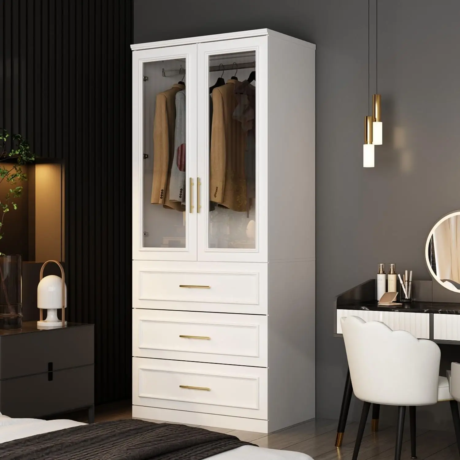 Famapy Wardrobe Closet With 2 Glass Doors And 3 Drawers, Armoire Wardrobe Closet With Hanging Rod, Gold Metal Handles, Bedroom