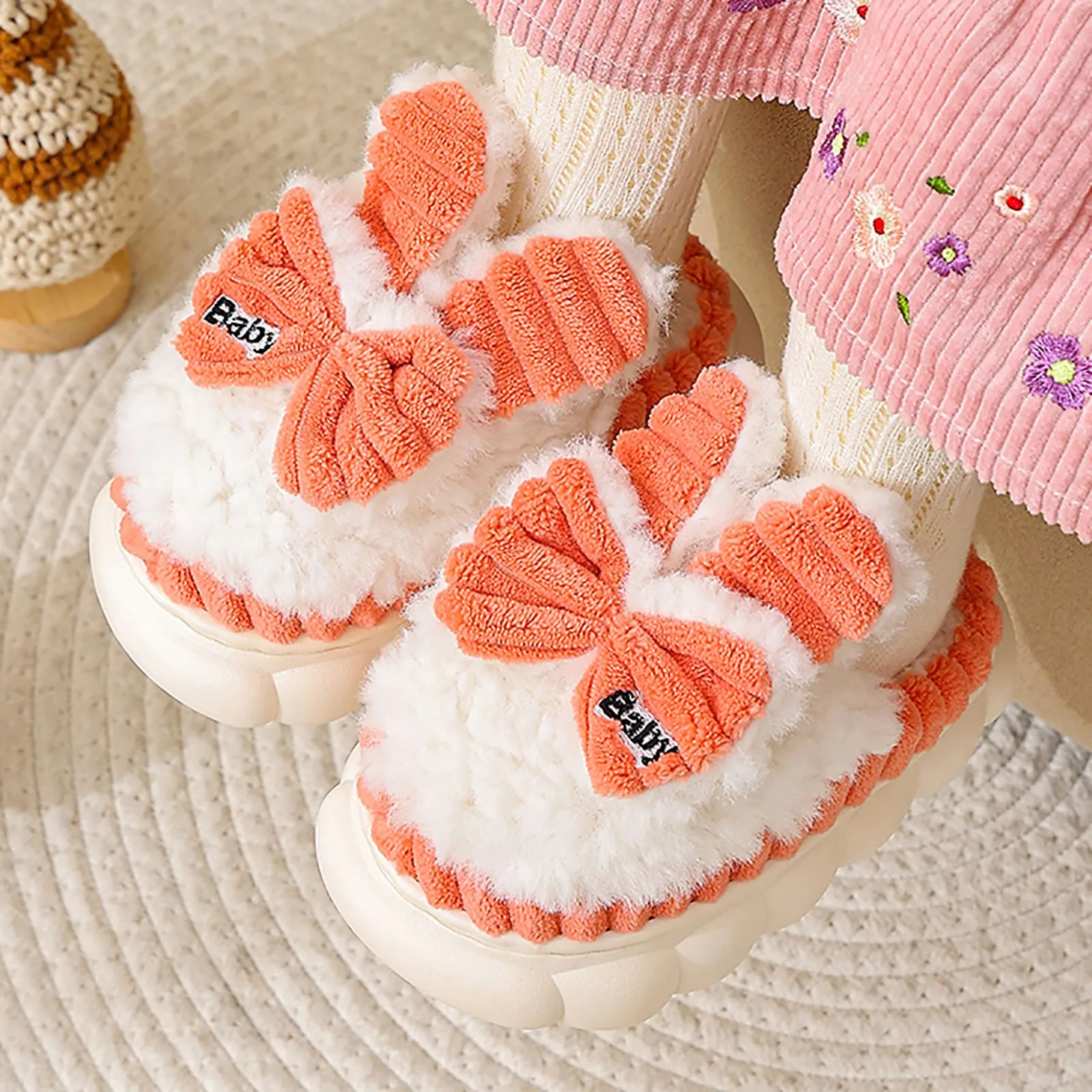 Winter Kids Bow Cotton Warm Slippers Children Indoor Outdoor Bedroom Wear Soft Thick Non-slip Design Kid Lovely Plush Home Shoes