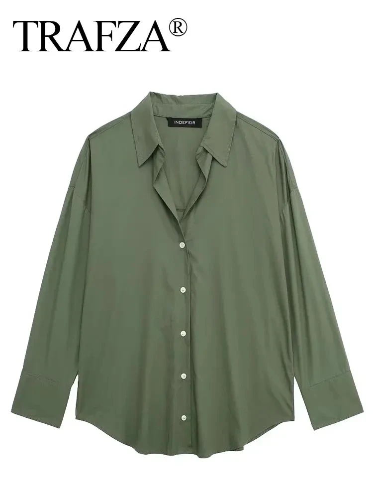TRAFZA Summer Women\'s Elegant Long Sleeve Lapel Blouses Casual V-neck Single Breasted Loose Shirt Office Lady Commuter Tops