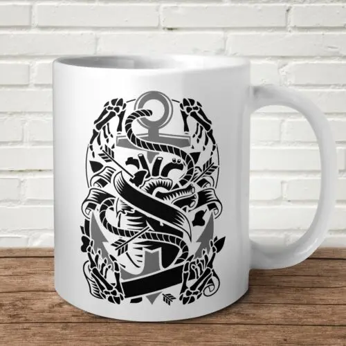 Anchor Mug Alternative Gift Present Sea Captain Ship Birthday Skeletons Heart