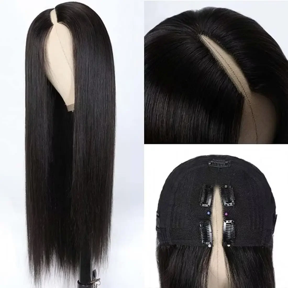 V-Part Naturfarbene Glatte Echthaar-Perücken aus Remy-Haar, Brasilianisches Haar, No-Leave-Out, Verbesserte Maschinenfertigung, 220 Dichte – Detail 2