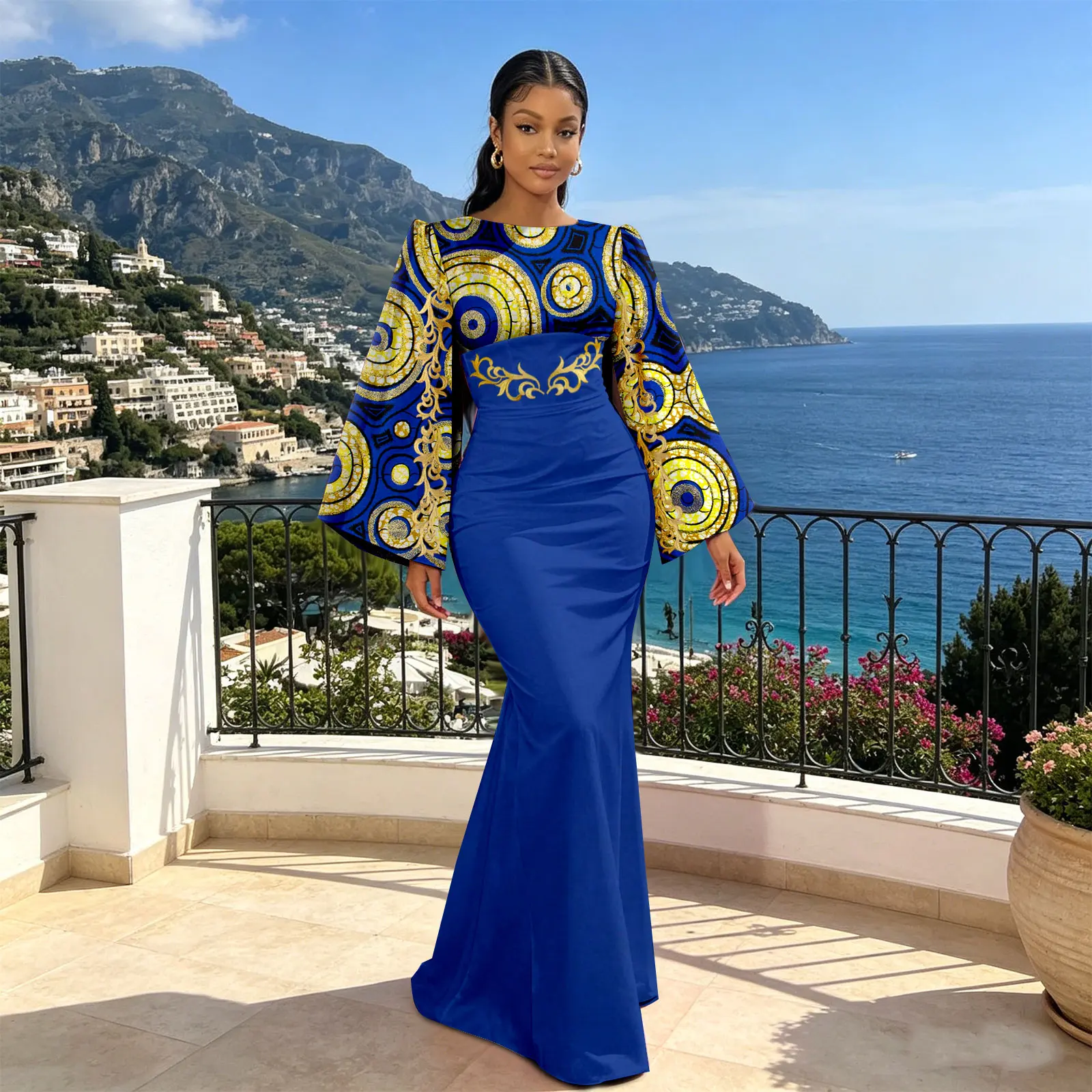 MaxPick Long-Sleeve Ankara Print Color-Blocked Fitted Dress—Sexy Women's Dress 2625072