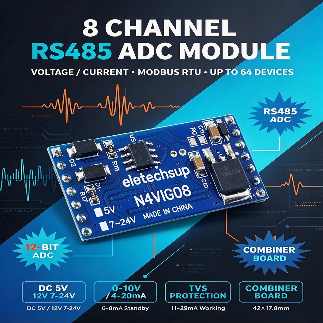 2PCS 8CH RS485 ADC Collector Module Modbus RTU 12Bit 0-5V 0-10V 4-20MA 0-20MA for PLC Analog Acquisition