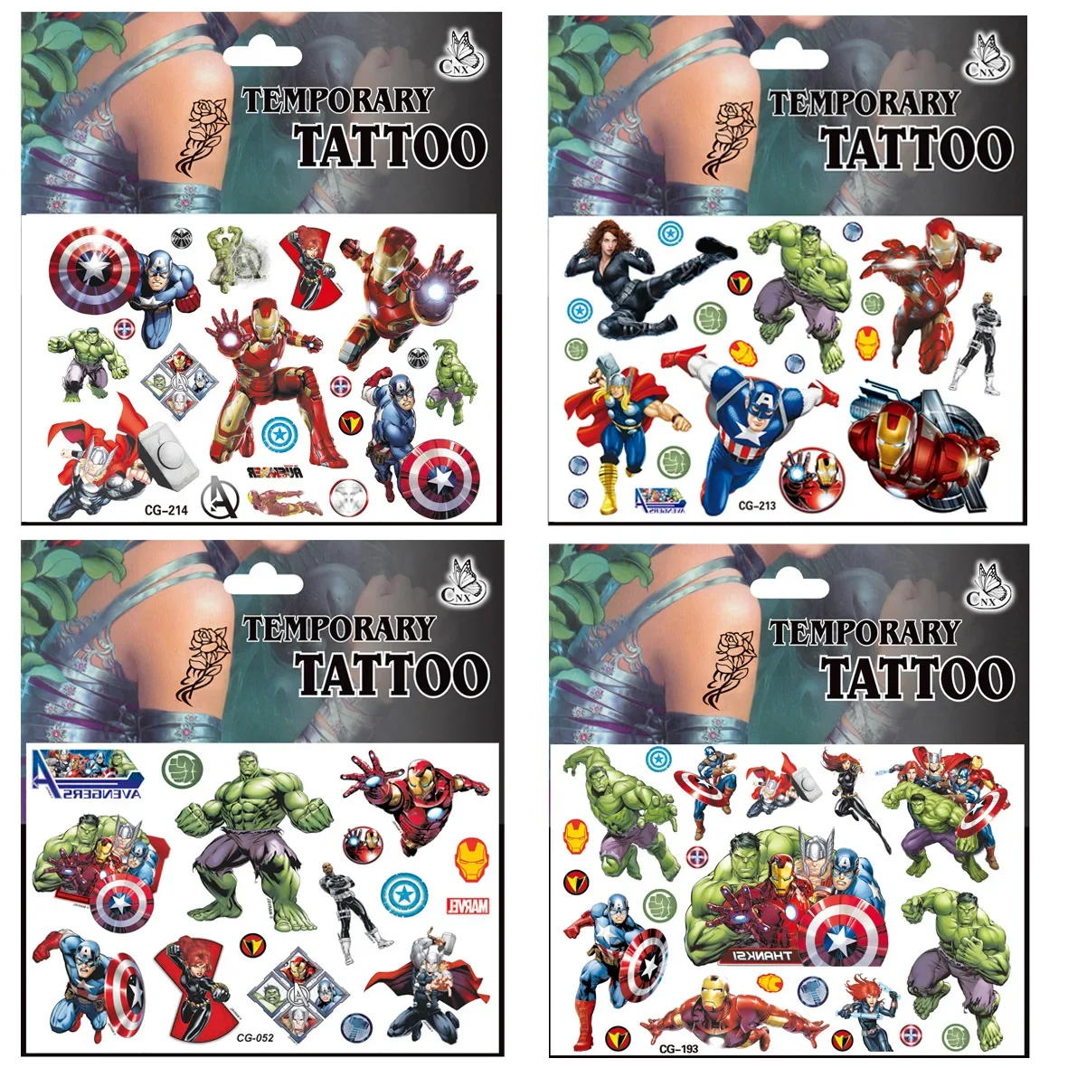 Pegatinas de tatuaje de Marvel impermeables, pegatina de Los Vengadores, Anime divertido, suministros de fiesta de cumpleaños, decoración de regalos