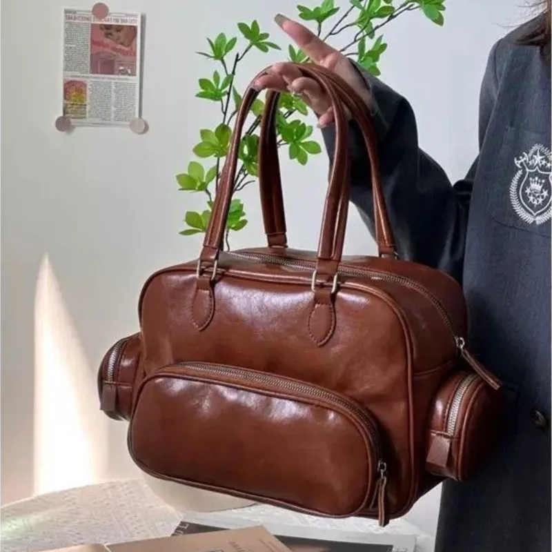 

Retro Multi Pocket Boston Bag Women Ladies Academic Style Leather Large Capacity Shoulder Bag Ladies Premium Versatile Handbag