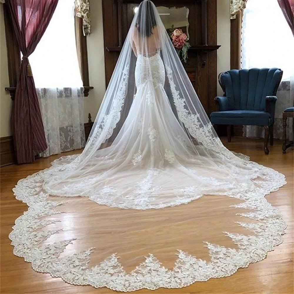 Elfenbein Weiß Braut Schleier Kathedrale Länge Hochzeit Schleier 1 Tier Lange Spitze Rand Schleier Scalloped Schleier für Braut Spitze Trim schleier 300cm