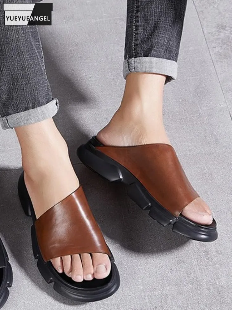 

Daily Wearing Outside Cowhide Platform Solid Color Leisure Men Slippers Comfortable Genuine Leather Handmade Slip On Beach Shoes