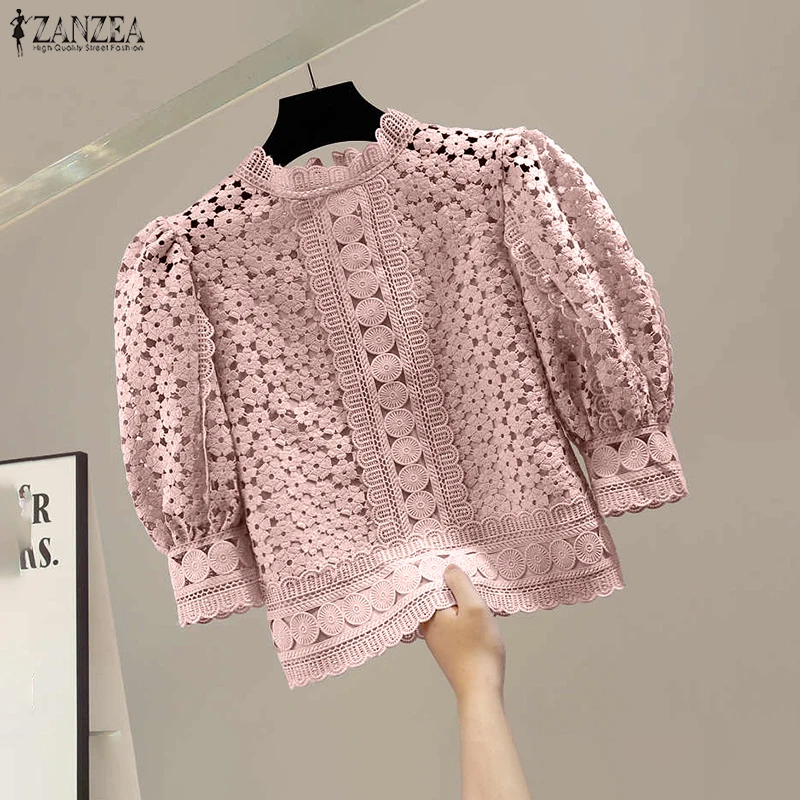 ZANZEA Blus Renda Elegan Wanita Atasan Tunik Warna Polos Lengan Puff 3/4 Kemeja Wanita Kantor Kasual Tembus Pandang Leher-o Musim Panas 2026