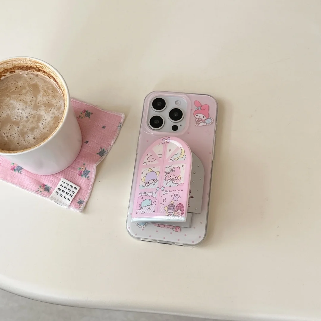 Coque de téléphone de luxe rose avec petites étoiles jumelles, étui pare-chocs pour iPhone 13 14 15 16 Pro Max Gemini miroir fille ﻿ ﻿