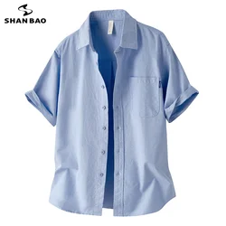 SHAN BAO 2026 Summer Brand American Retro 100% Cotton Pocket Men's Casual Loose Short-Sleeved Shirt Oxford Cargo Shirts