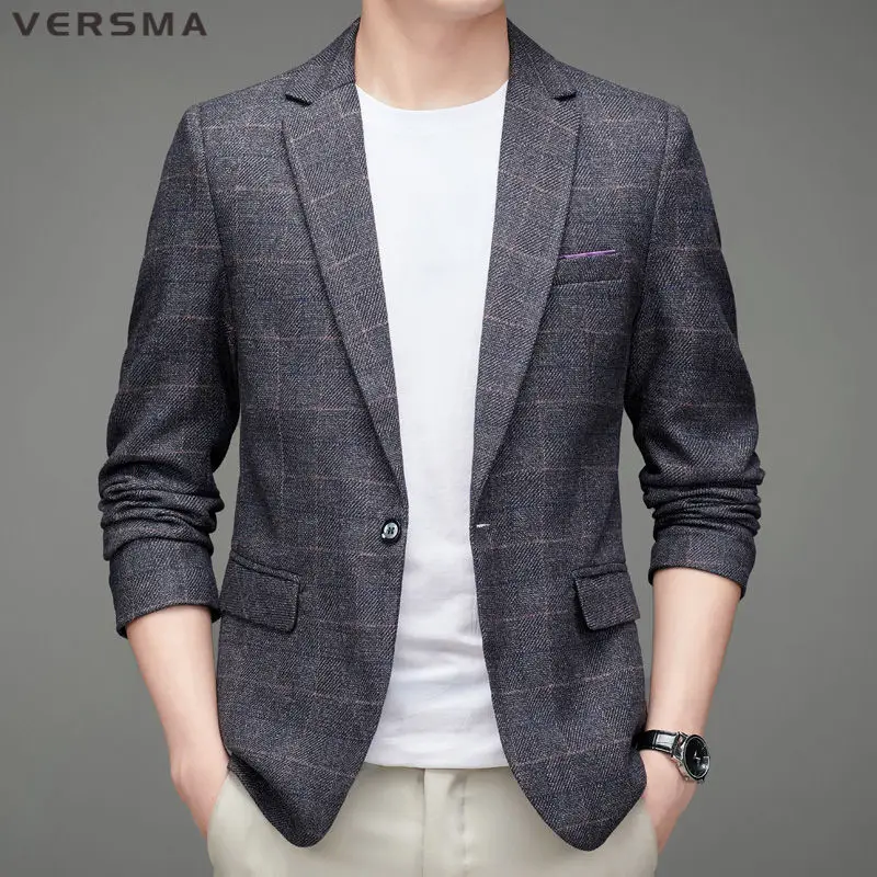 

VERSMA Korean Plaid Slim Fit Causal Men Suit Blazer Stylish Luxury Blazer Men Vintage Black Mens Suits Blazers 5XL Dropshipping