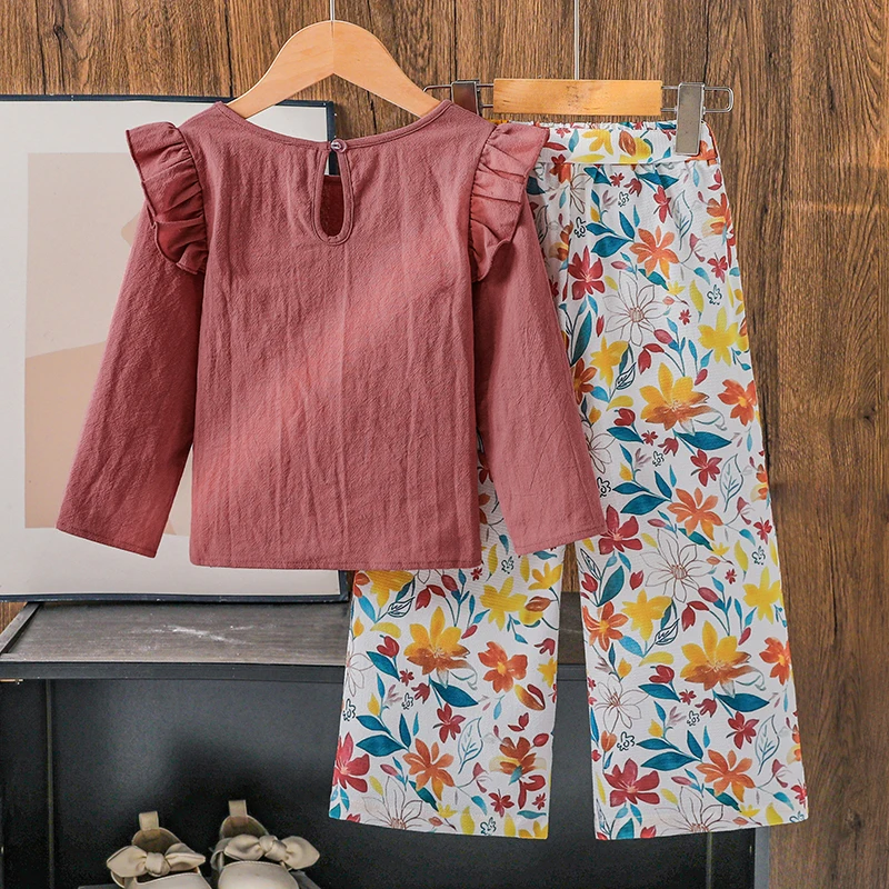 2025 الخريف 2 قطعة بدلة الاطفال بلون الوردي س الرقبة طويلة الأكمام بلوزات و الملونة طباعة مرونة الخصر السراويل للفتيات 4-7 سنوات #2