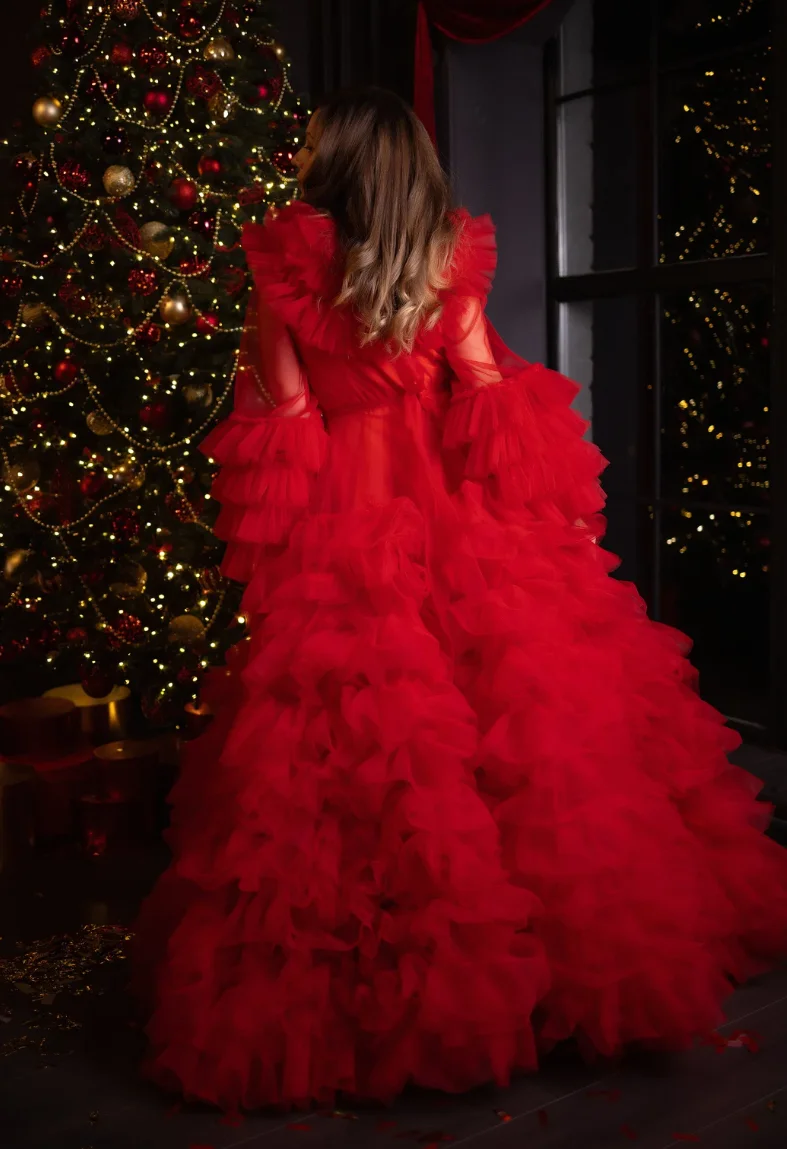 Ruffle Gown Dress For Photoshoot Maternity Photo Props Tulle Tiered Gown Pregnancy Photography Boudoir Dressing Gown Fancy Robe