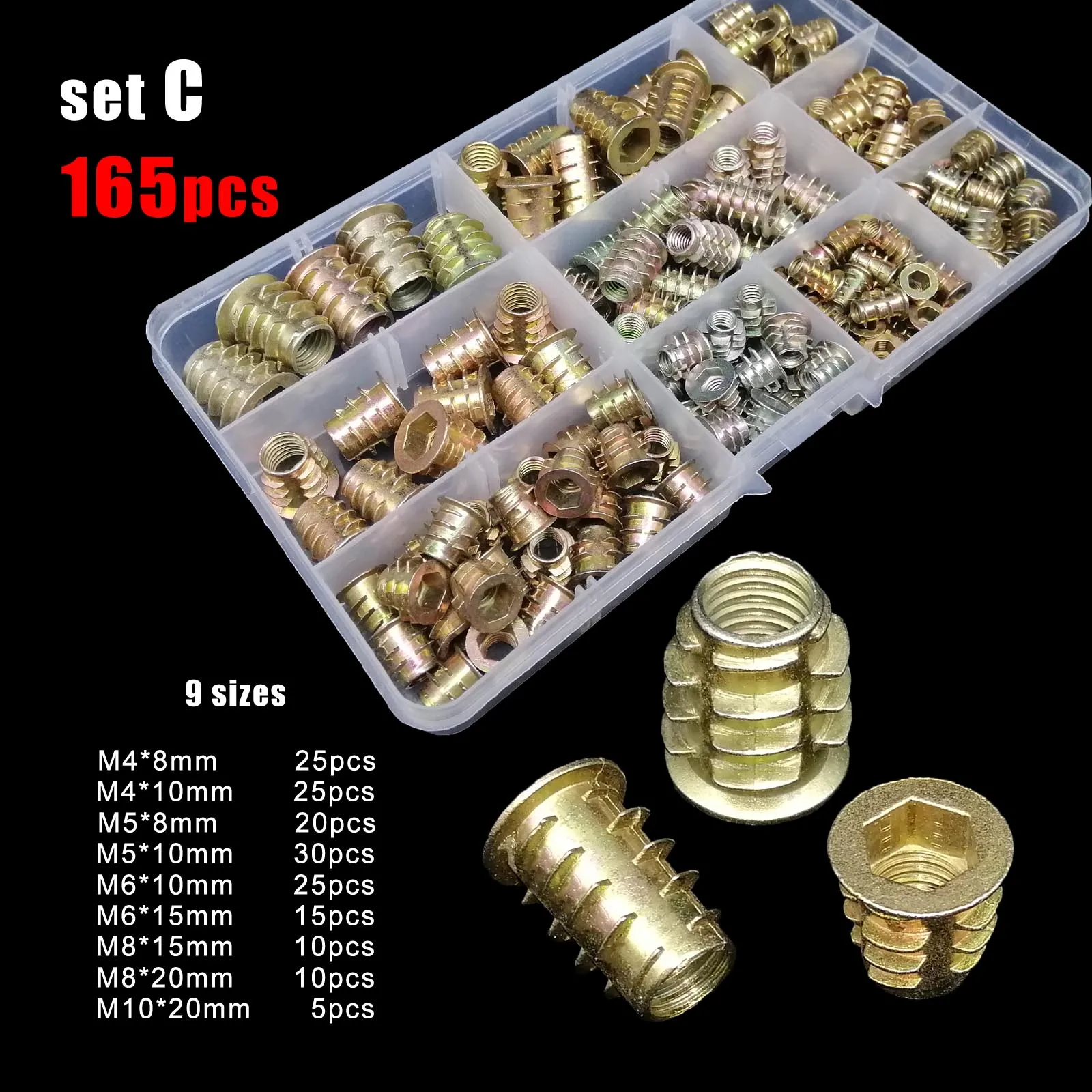 165/75/55pcs Threaded Insert Nut E-nut M4 M5 M6 M8 Set Kit For Wood Furniture Bed Cabinet Table Embedded Hex Hexagon Socket Head