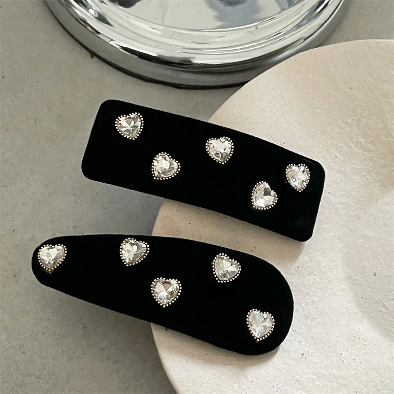 High-Grade Black Velvet Water Drop Square BB Clip Bang Clip Delicate Heart Rhinestone Barrettes Side Clip New Headwear