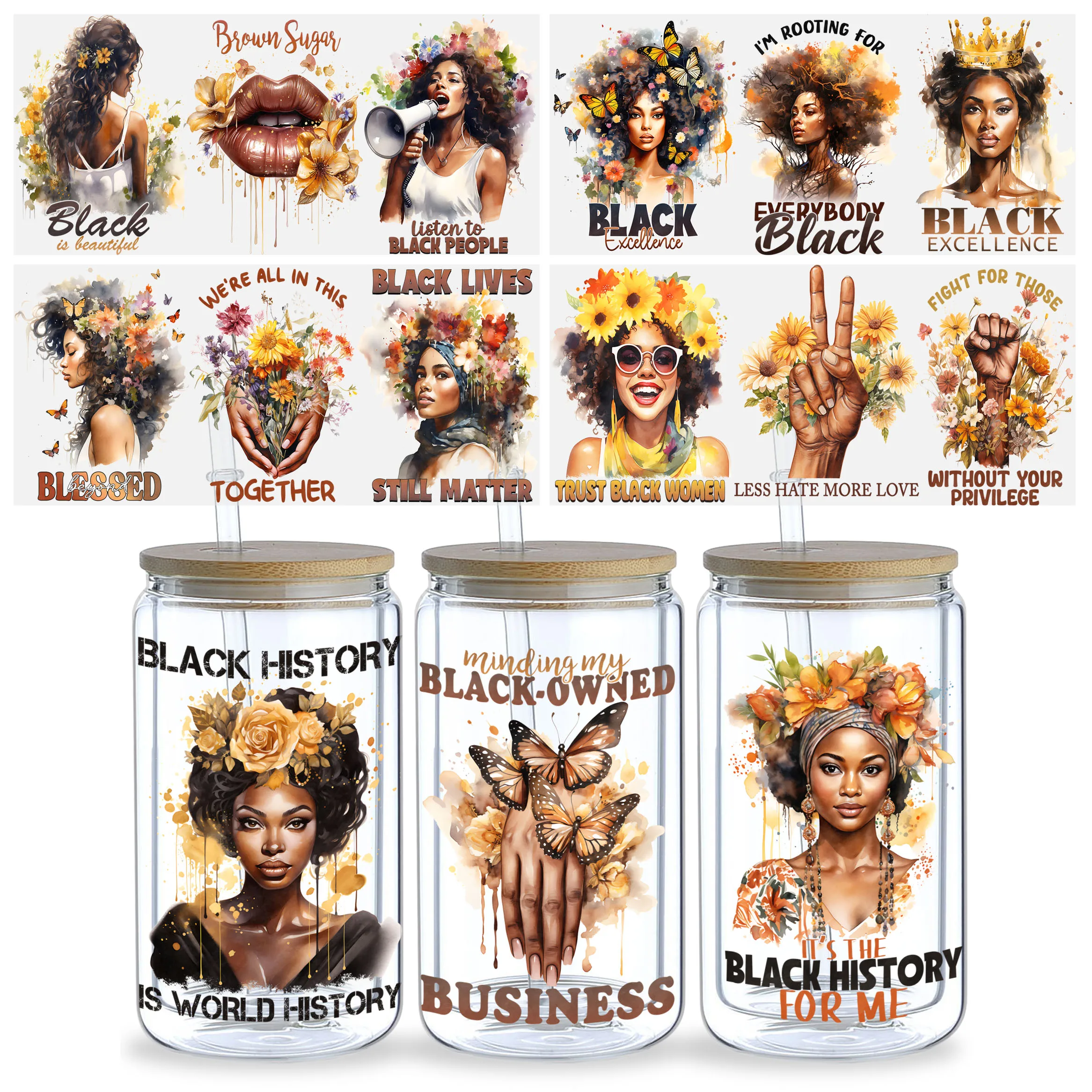 5 Sheets Black Queen UV DTF Cup Stickers, Glass DTF Transfer Stickers, Waterproof Wipe Transfer Paper for 16 oz Glass, Mugs