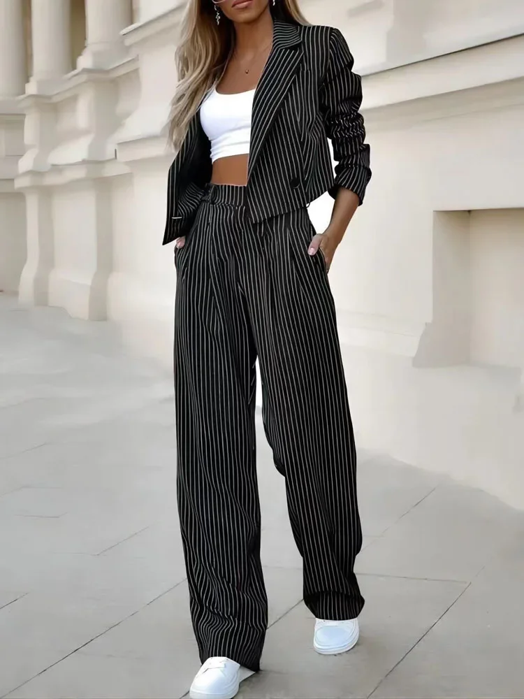 Women Striped Blazer Sets 2 Pcs Sale Notched Cardigan Slim Long Sleeve Cropped Jackets& Casual Pocket Wide Leg Pant Suits