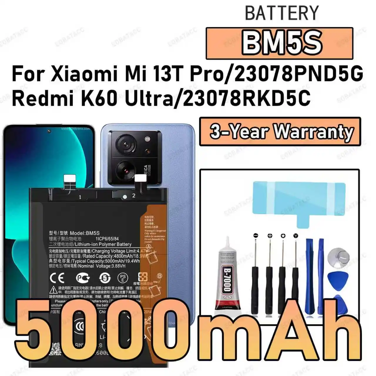 

100% New High Capacity BM5S Battery For XIAOMI MI 13T Pro / Redmi K60 Ultra Replacement batteries +Free Tools