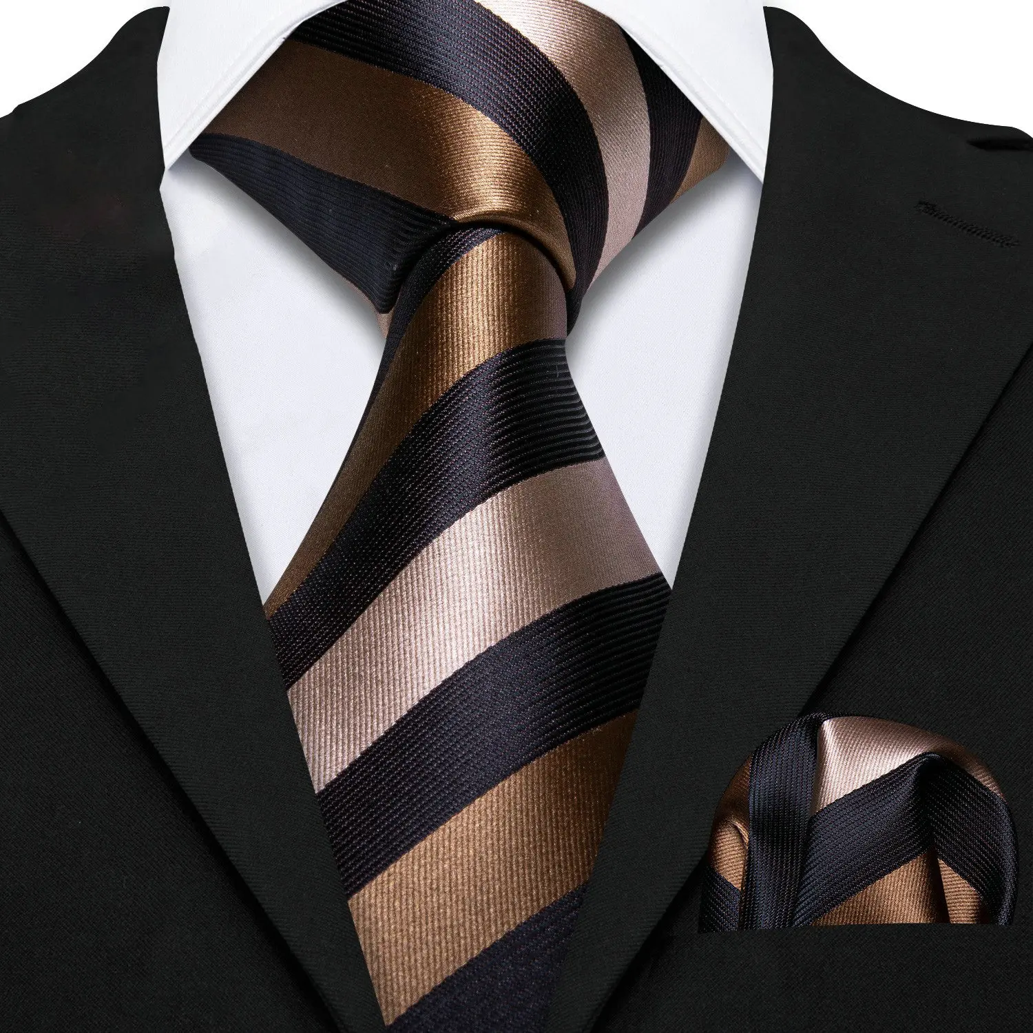 Black Brown Striped Tie Or Pocket Square Kit VerveRow Men Formal Accessory Daily Party Fine Weaving Comfort Stylish Outfit 2Pcs