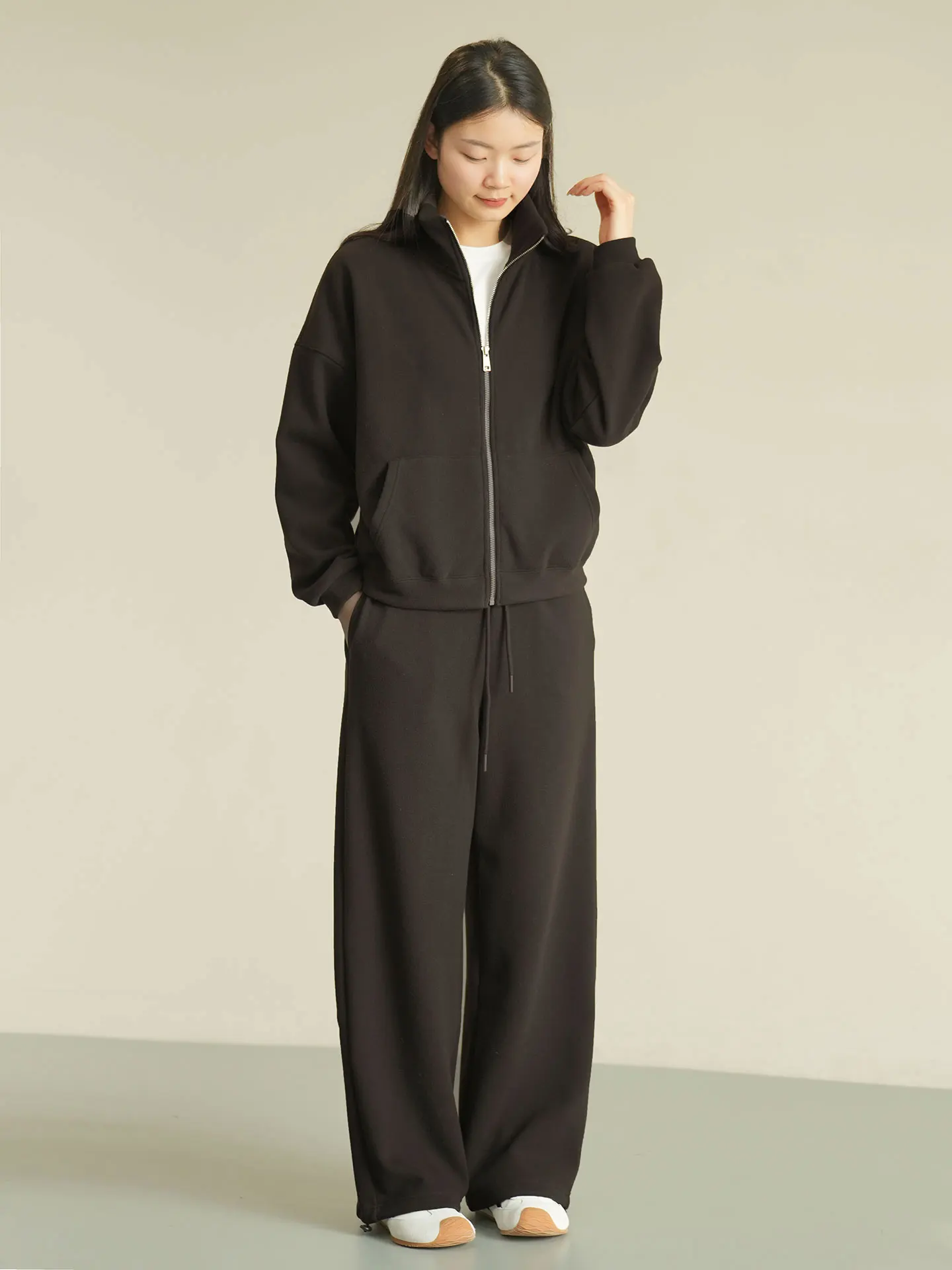 

Ladies Casual Stand Collar Fce Lined Winter Outfit Straight Leg Pants High Waist Warm Faion Set Zipper Closure Long Sve